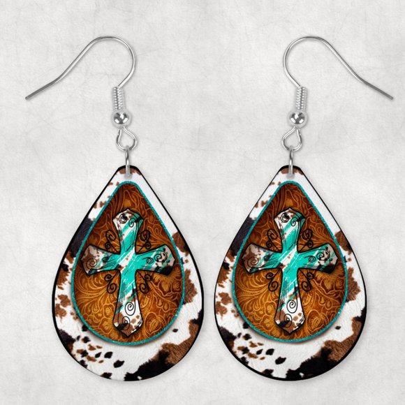 Women's Western Faith Cross Turquoise Brown Cow Print Teardrop Earrings - Picture 1 of 1